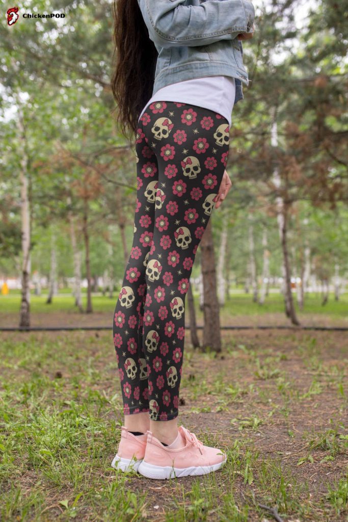 3D All Over Print Brown Skull And Flower Legging 3D All Over Print Brown Skull And Flower Legging