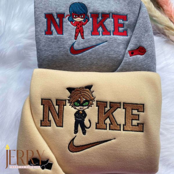 Stylish Ladybug And Cat Noir Chibi Nike Sweatshirt With Embroidery